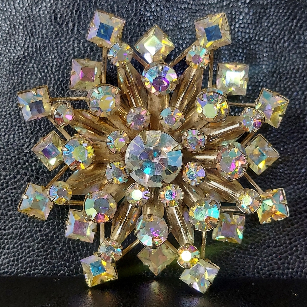 Vintage Aurora Borealis Large Sunburst Brooch Pin